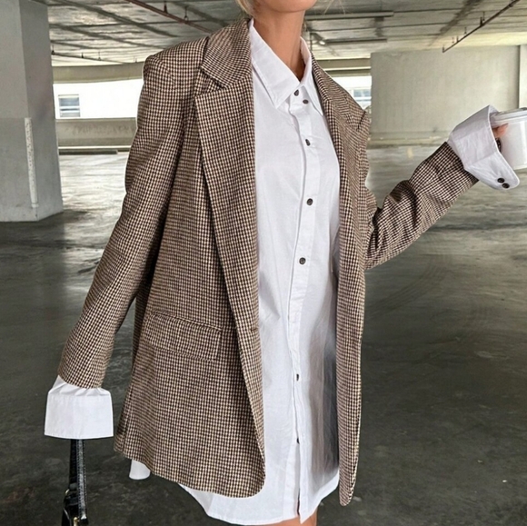 New Chic Oversized Houndstooth Blazer Jacket Brown Tan